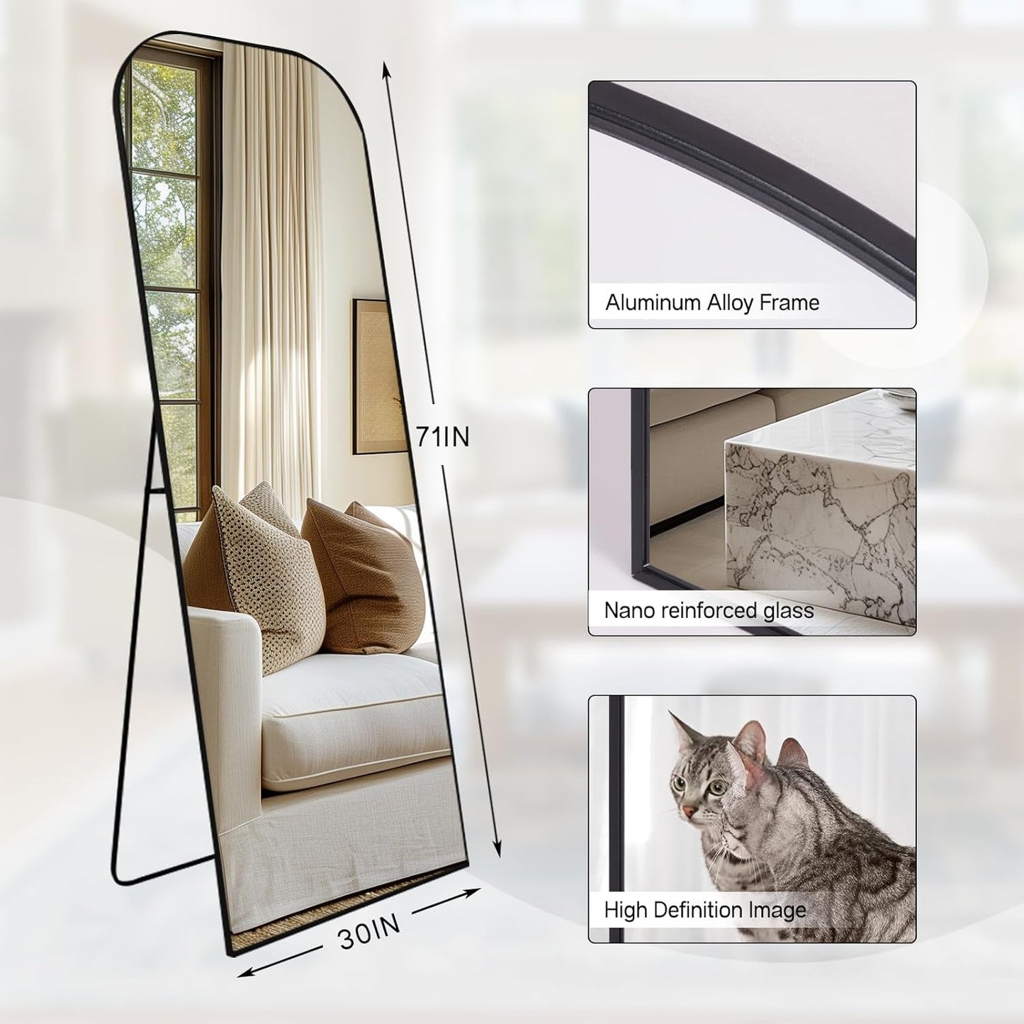 71 Inch Black Oversized Full Length Arch Floor Mirror displayed in a stylish room with aluminum frame and high-definition glass.