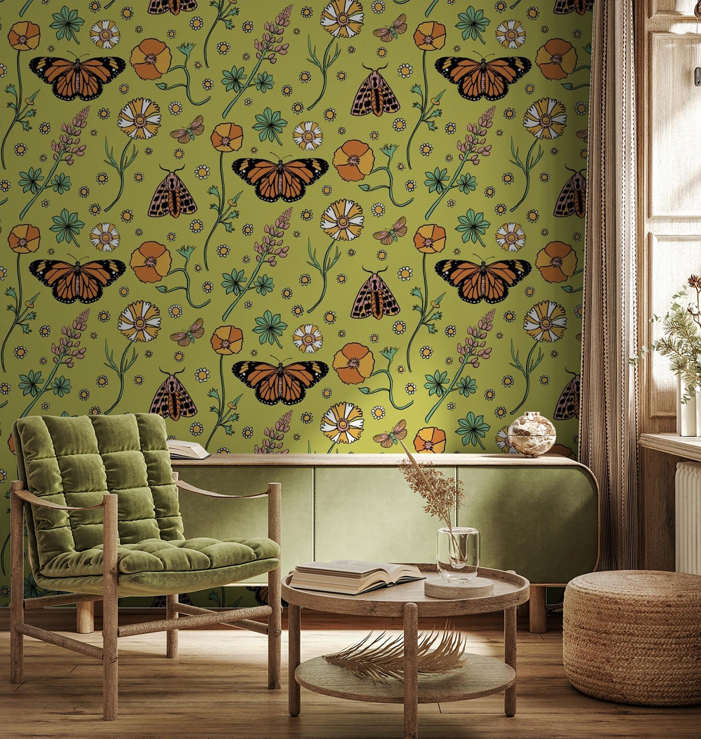 Poppy Please Wallpaper, chartreuse & black