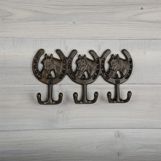 Equestrian Cast Iron Horse Head 3 Hook - Rustic Western Wall Rack