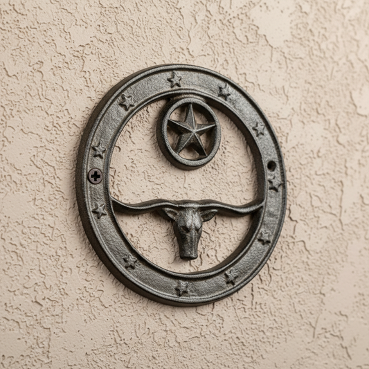 Longhorn & Star Plaque, Western Farmhouse Cast Iron Wall Decor