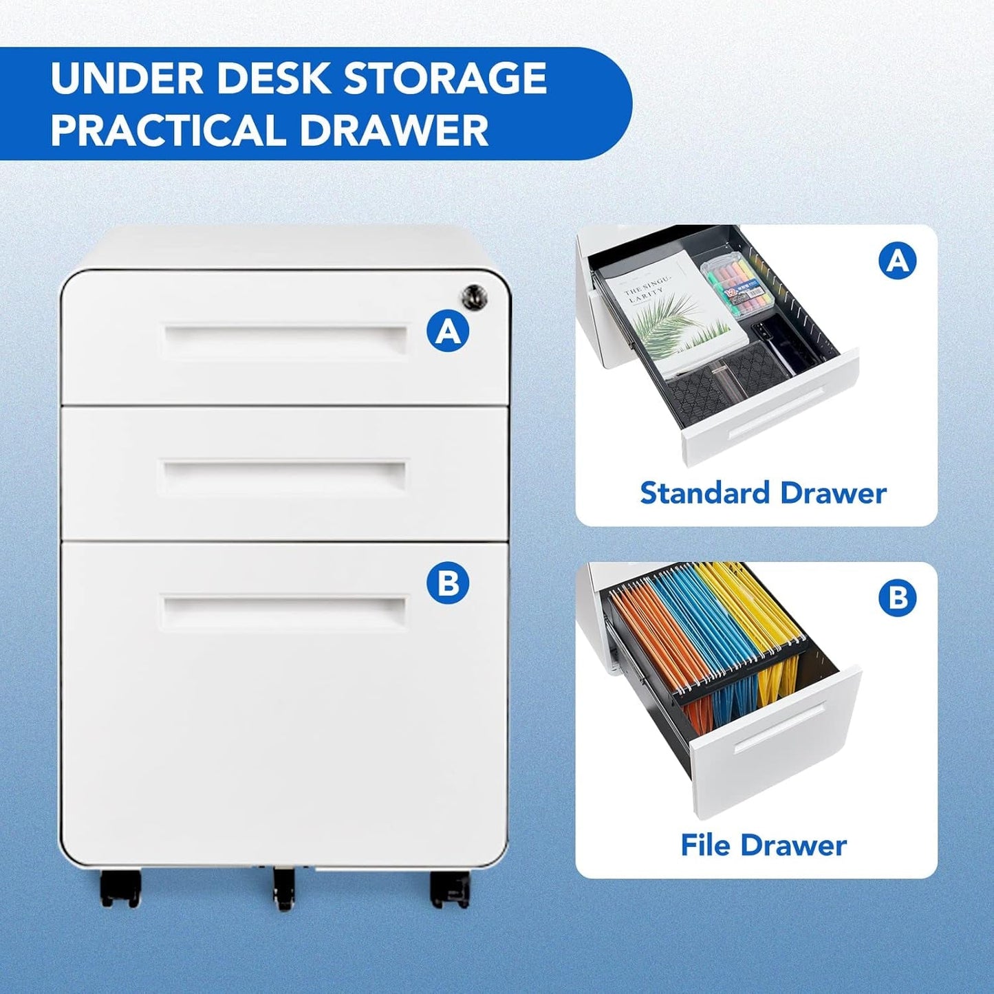 Mobile File Cabinet Home Office 3 Drawer White Under Desk