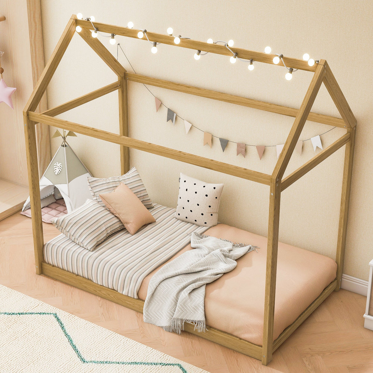 Twin Size Wooden House Bed, Wood Color