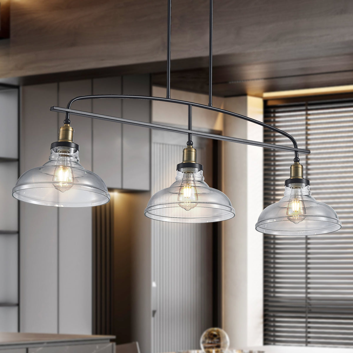 45" Industrial 3-Light Pendant Chandelier with Clear Glass Shades