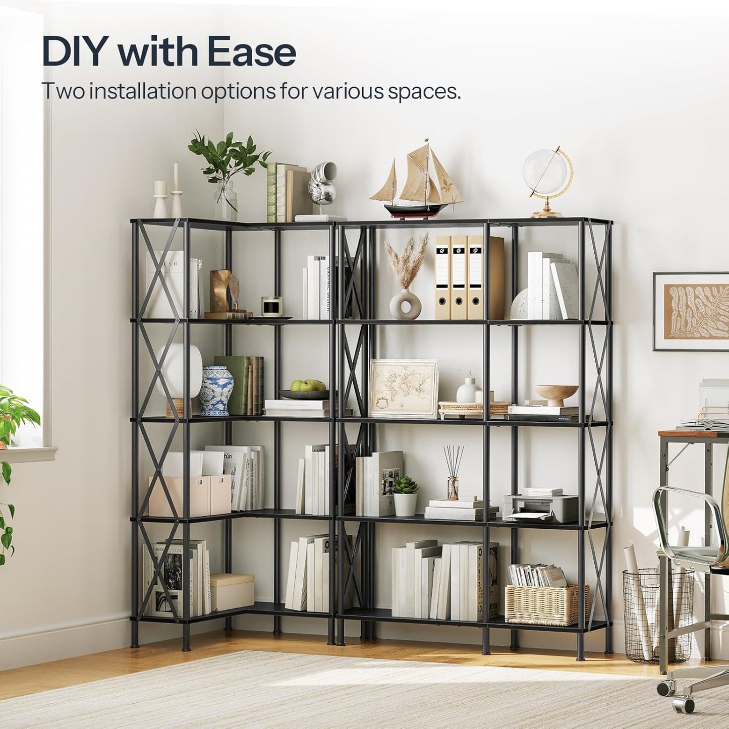 Corner Bookshelf 5 Tier L Shaped Industrial Open Display Shelf Black