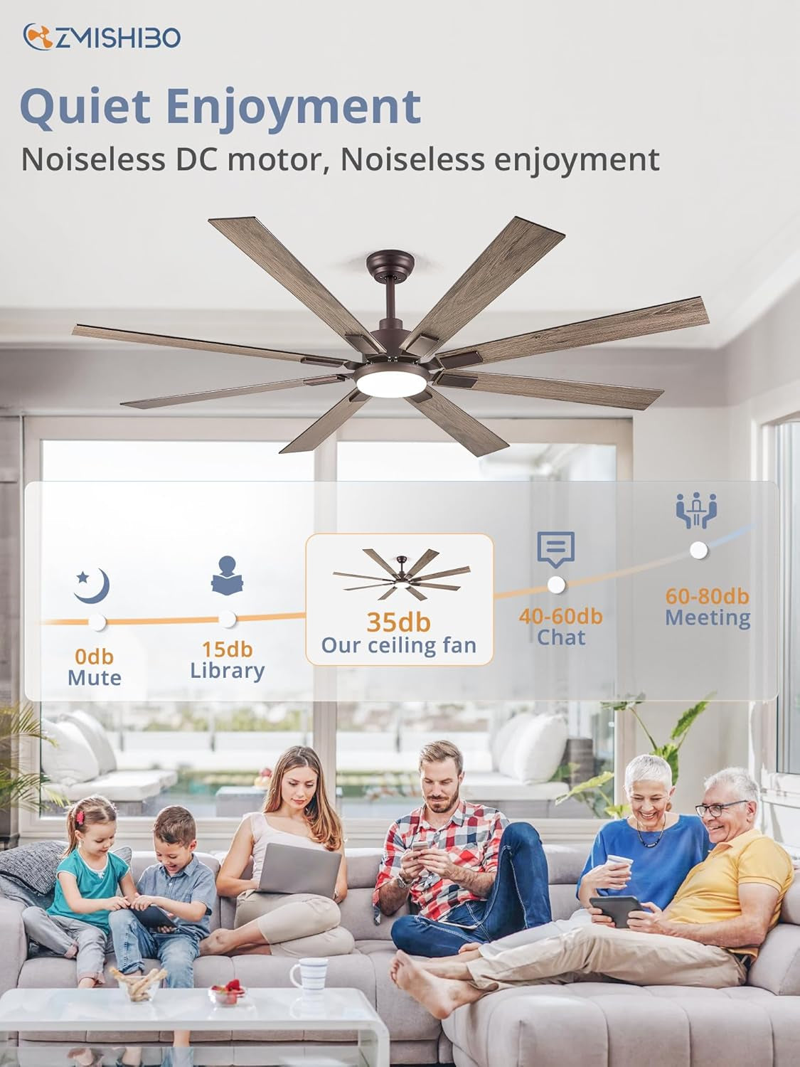72 Inch Oil Rubbed Bronze Ceiling Fan With Lights Remote in a stylish living room, emphasizing quiet enjoyment and efficient airflow.