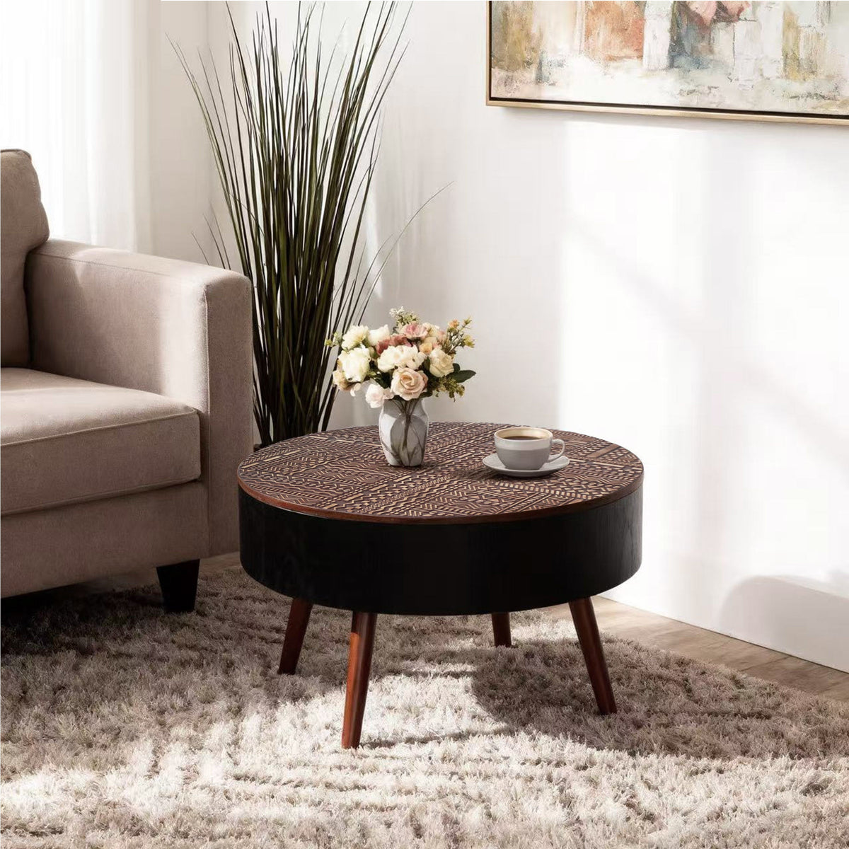 31.5" Round Carved Coffee Table with Storage Space