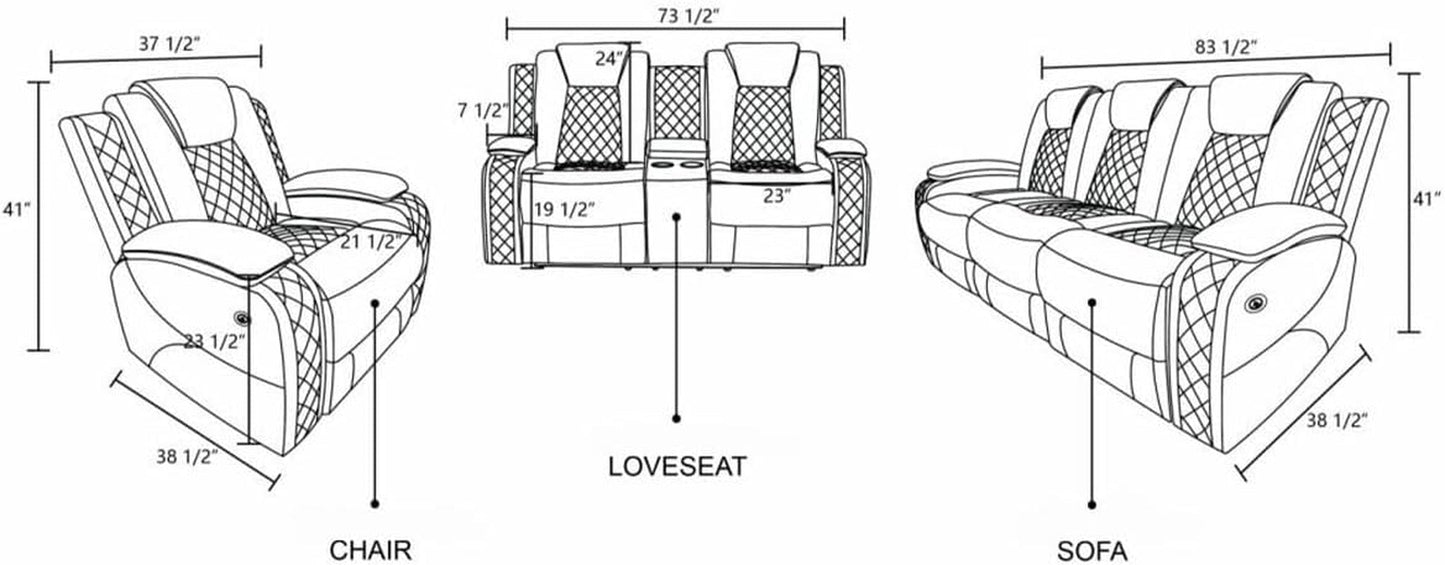 White Power Recliner Sofa With LED Lighting USB Charging