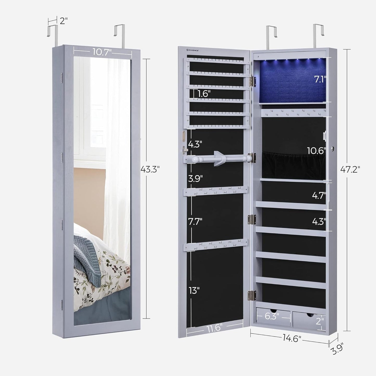 Tall Lockable Jewelry Cabinet With Mirror Gray dimensions and interior layout for organizing jewelry.