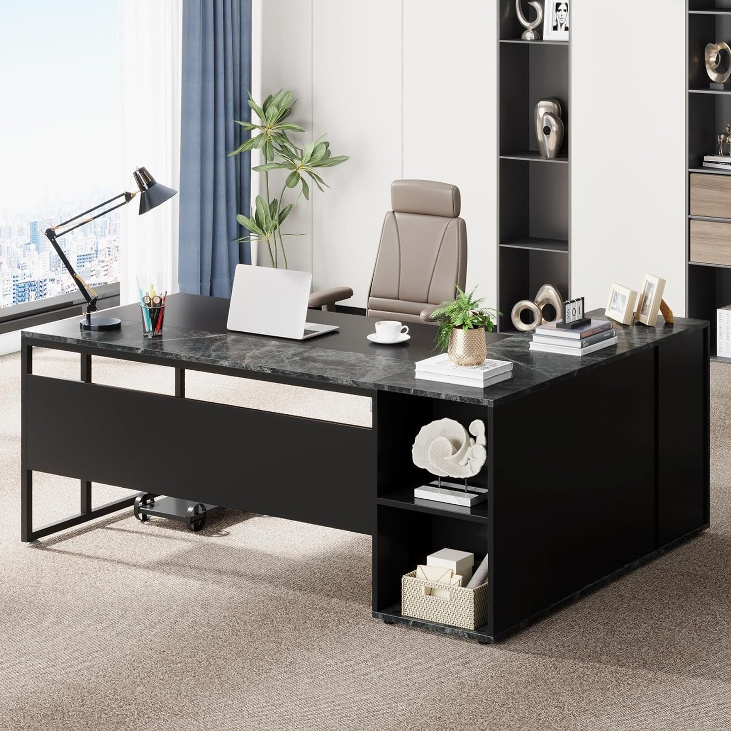 71 Inch Black L Shaped Executive Desk With Storage