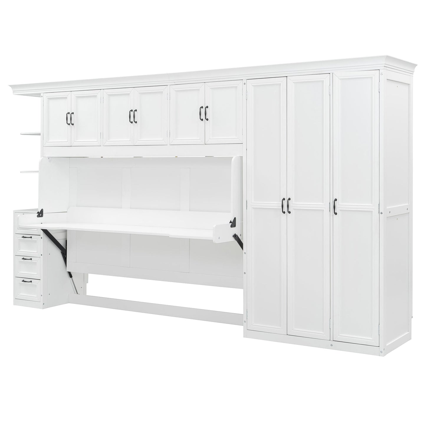 Twin Size Murphy Bed Wall Bed with Wardrobe, Cabinet and Desk, White