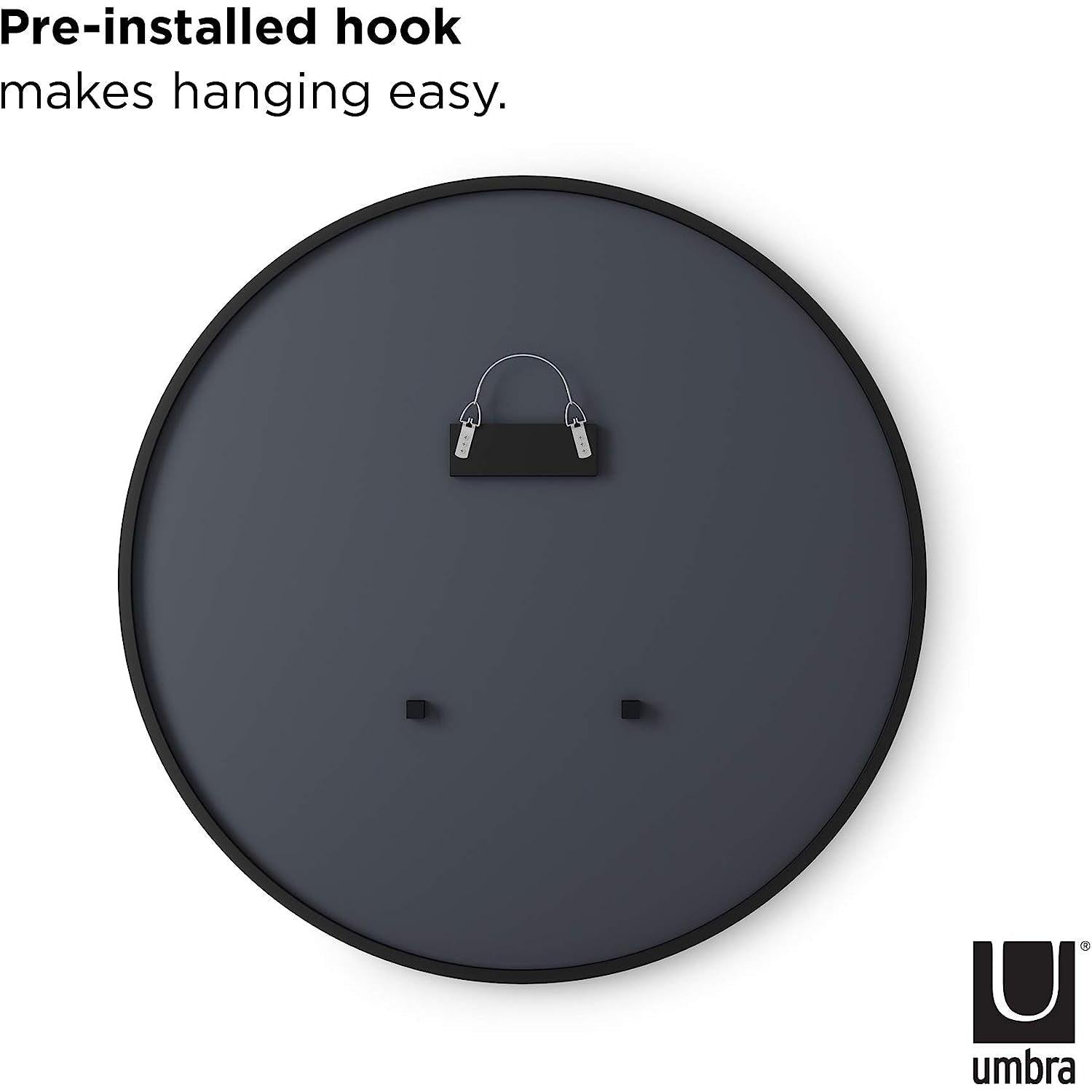 Round Rubber Wall Mirror 37 Inch back view showing pre-installed hook for easy hanging.