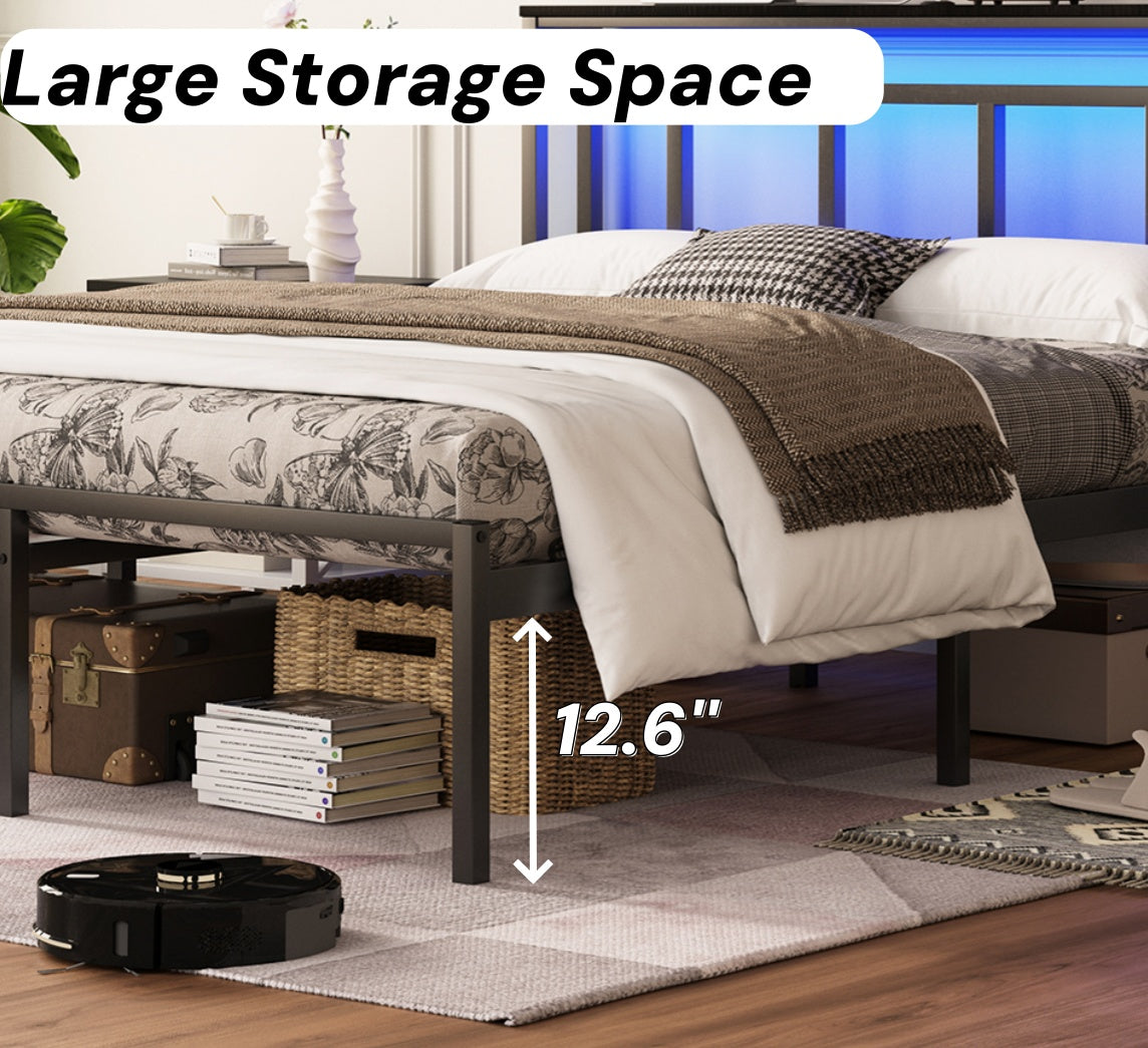 14 Inch Twin Bed Frame with Storage Headboard, Metal Platform Bed Frame with USB-C,Type-C and LED Light