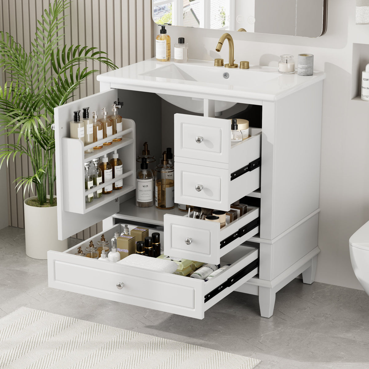 30" Bathroom Vanity with Sink, One Door with Shelf and Three Drawers