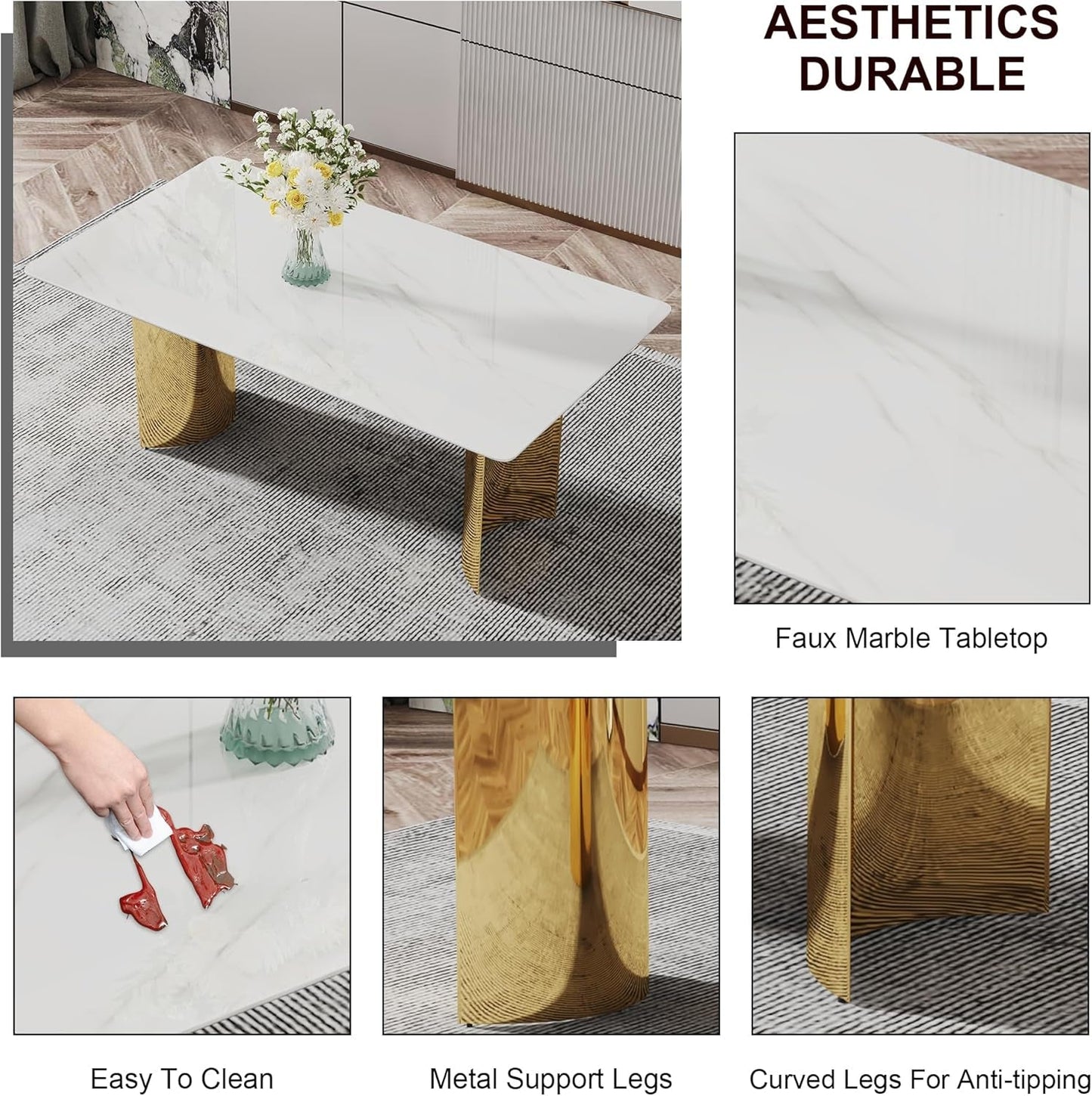 White Marble Dining Table 71 Inch Glass Top Gold Base