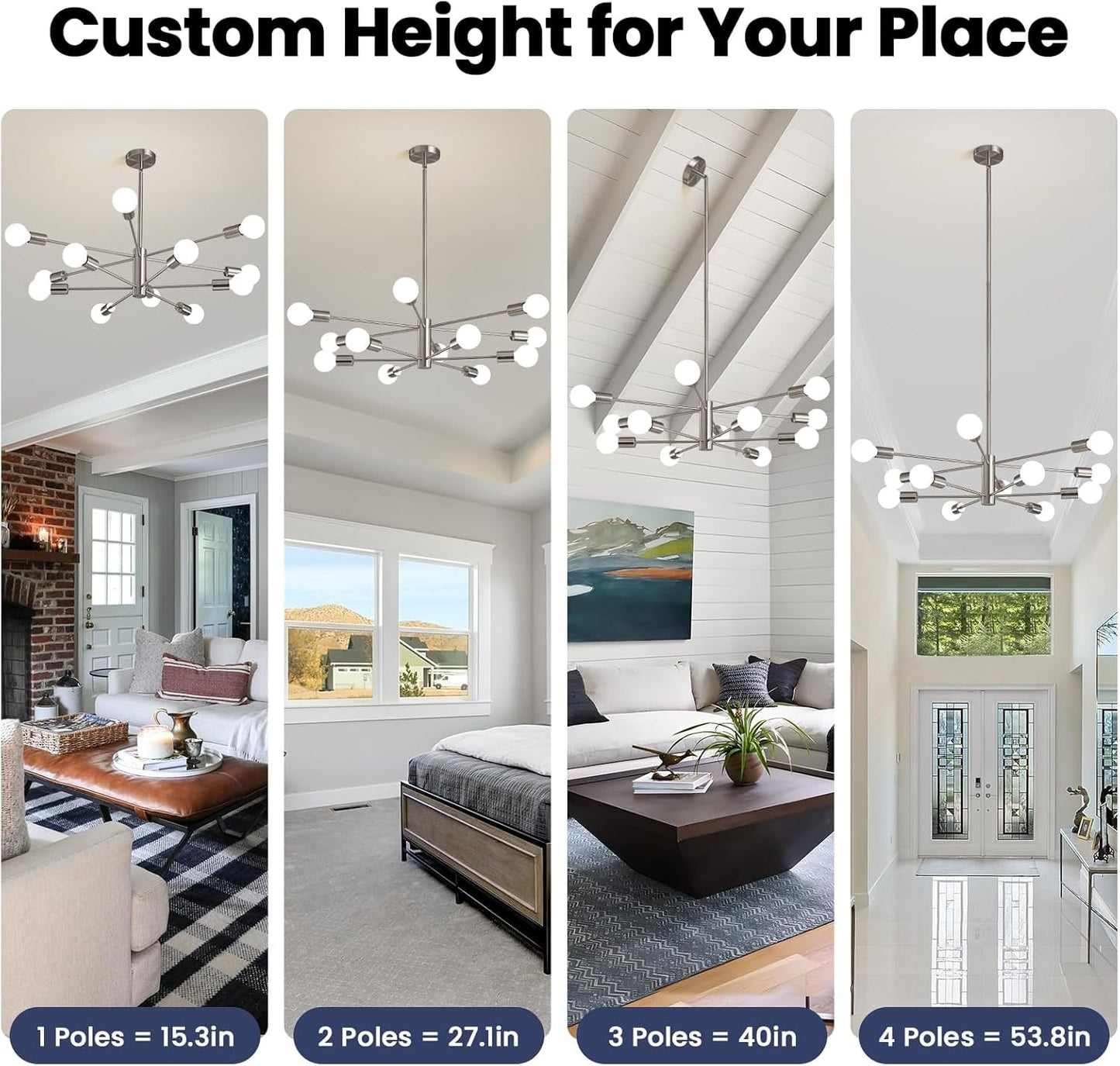 Custom height options for the Sputnik 12 Light Brushed Nickel Chandelier For Dining Room with pole measurements.