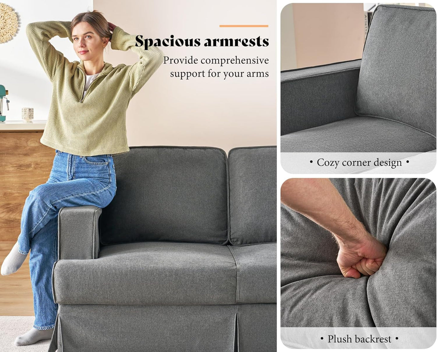 89 Inch Slipcovered Linen Grey Sofa 3 Seater Couch