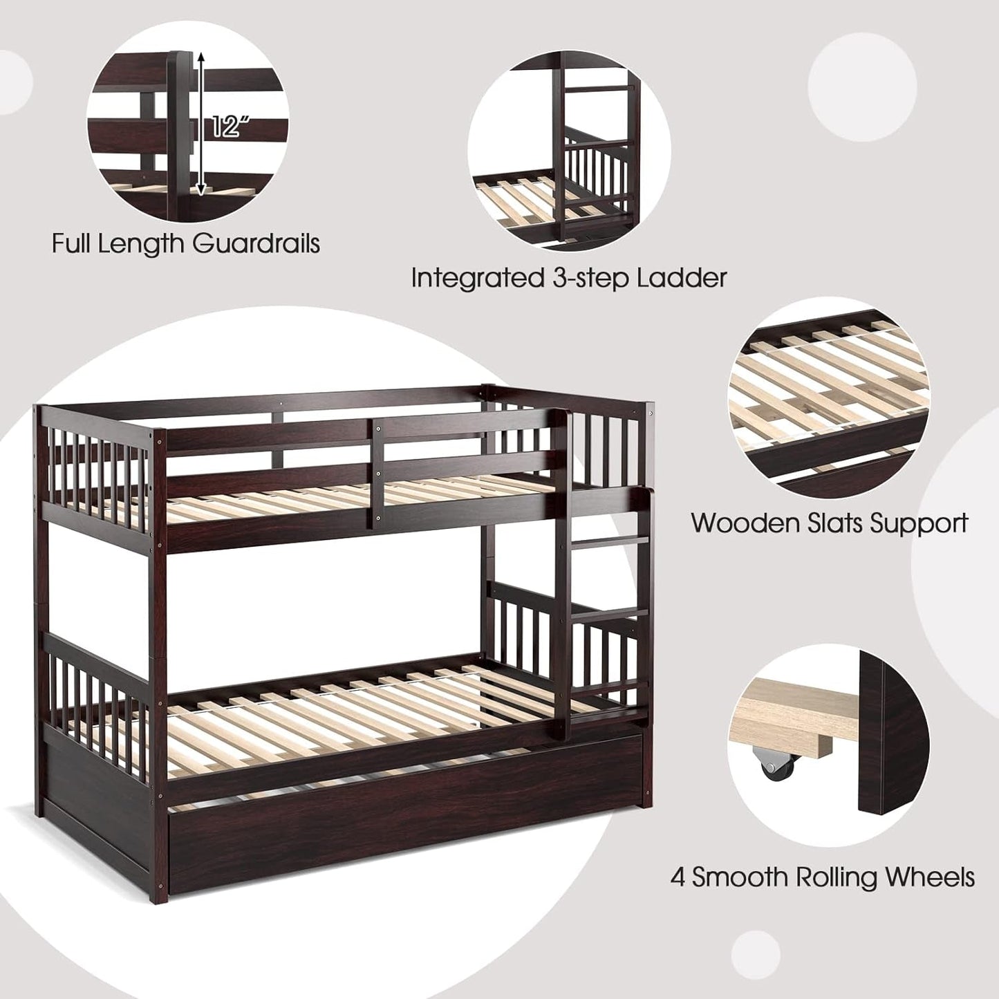 Twin Over Twin Bunk Bed With Trundle In Espresso Solid Wood