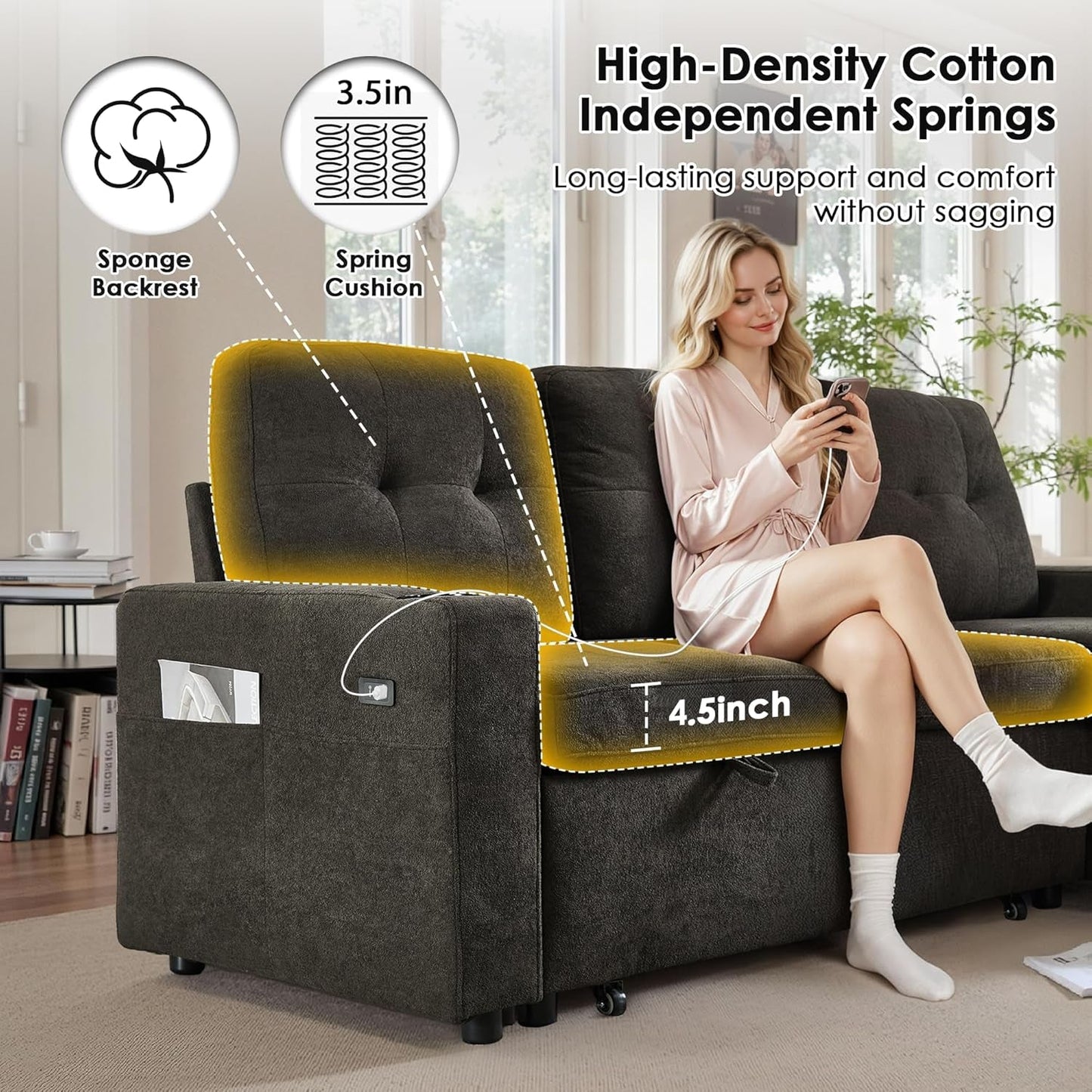 Dark Grey Microfiber Reversible Sectional Sofa Bed With USB