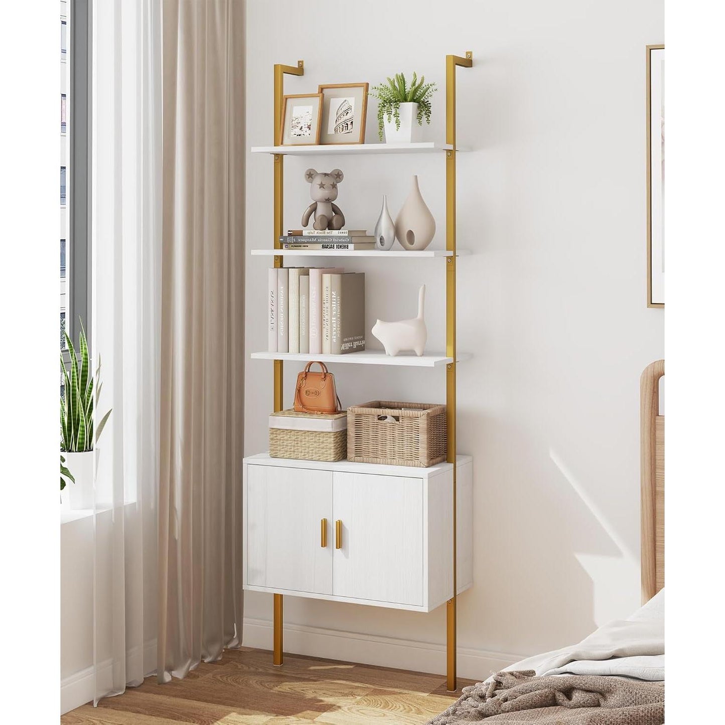 73 Inch Tall Bookshelf With Cabinet Industrial Ladder Wall Shelf White Gold