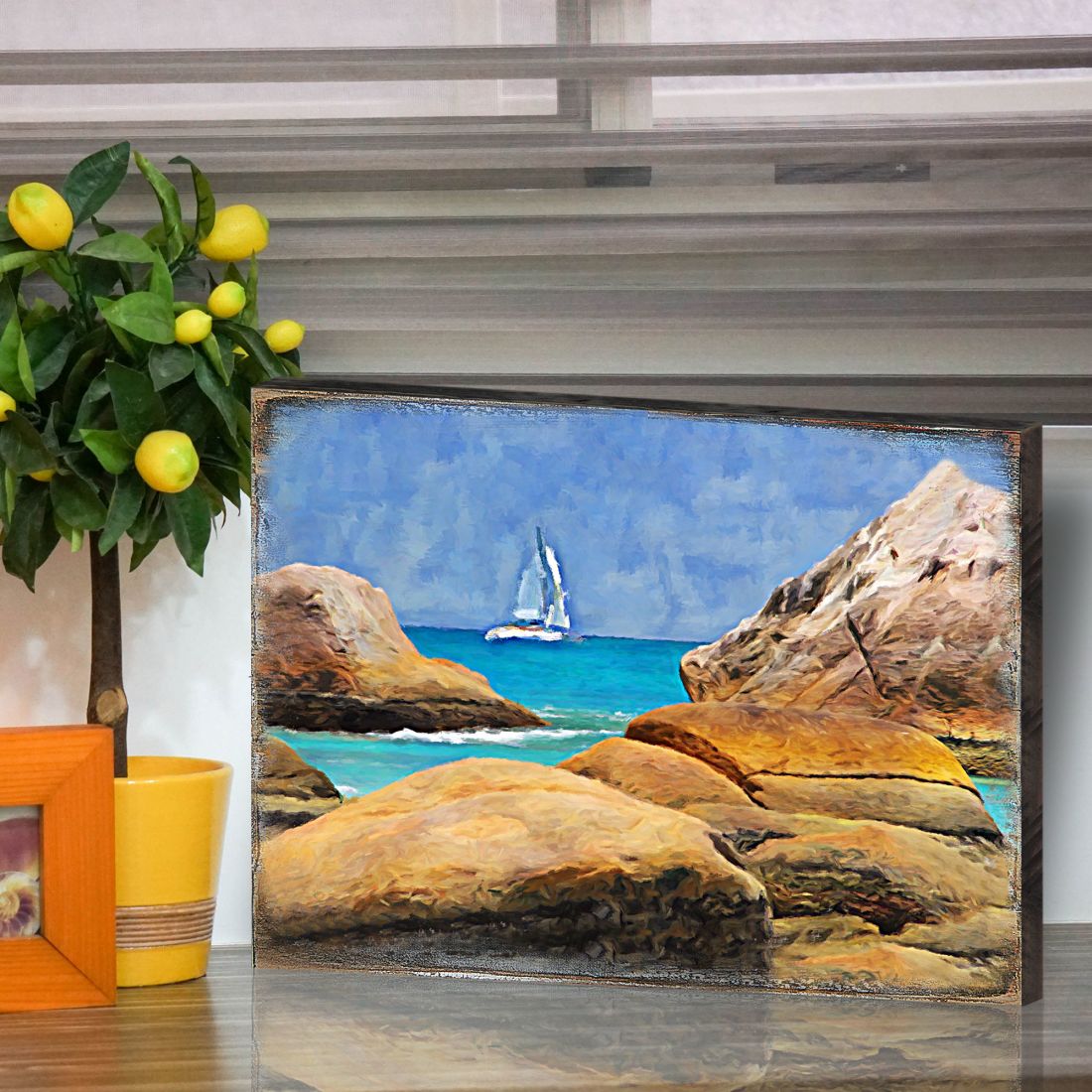 Sailboat on The Rocky Shore Wooden Coastal Wall Art by Nature Wonders - Coastal Sea-Life Decor - 95274B