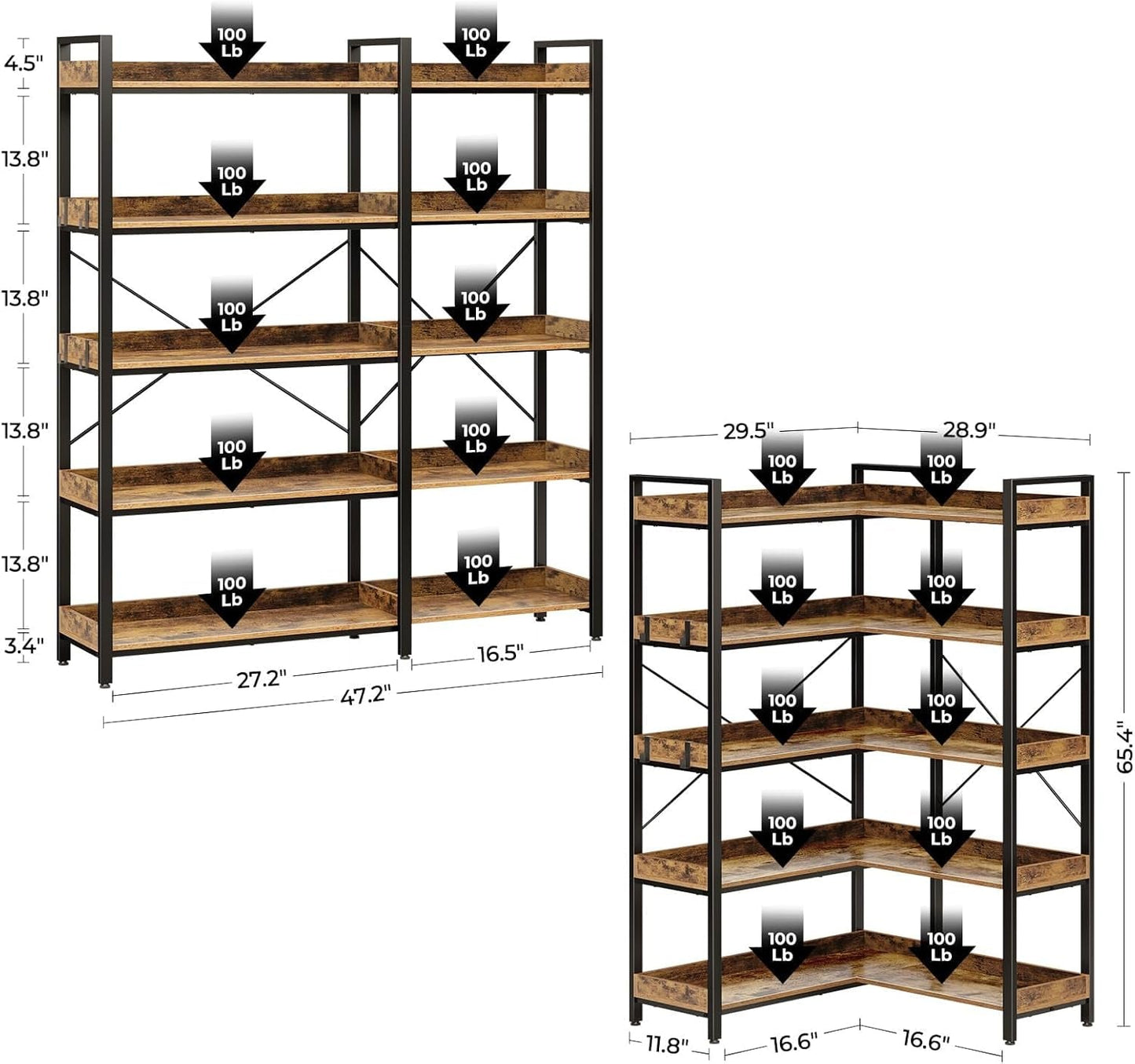 65 Inch Five Tier Corner Bookshelf With Open Shelves