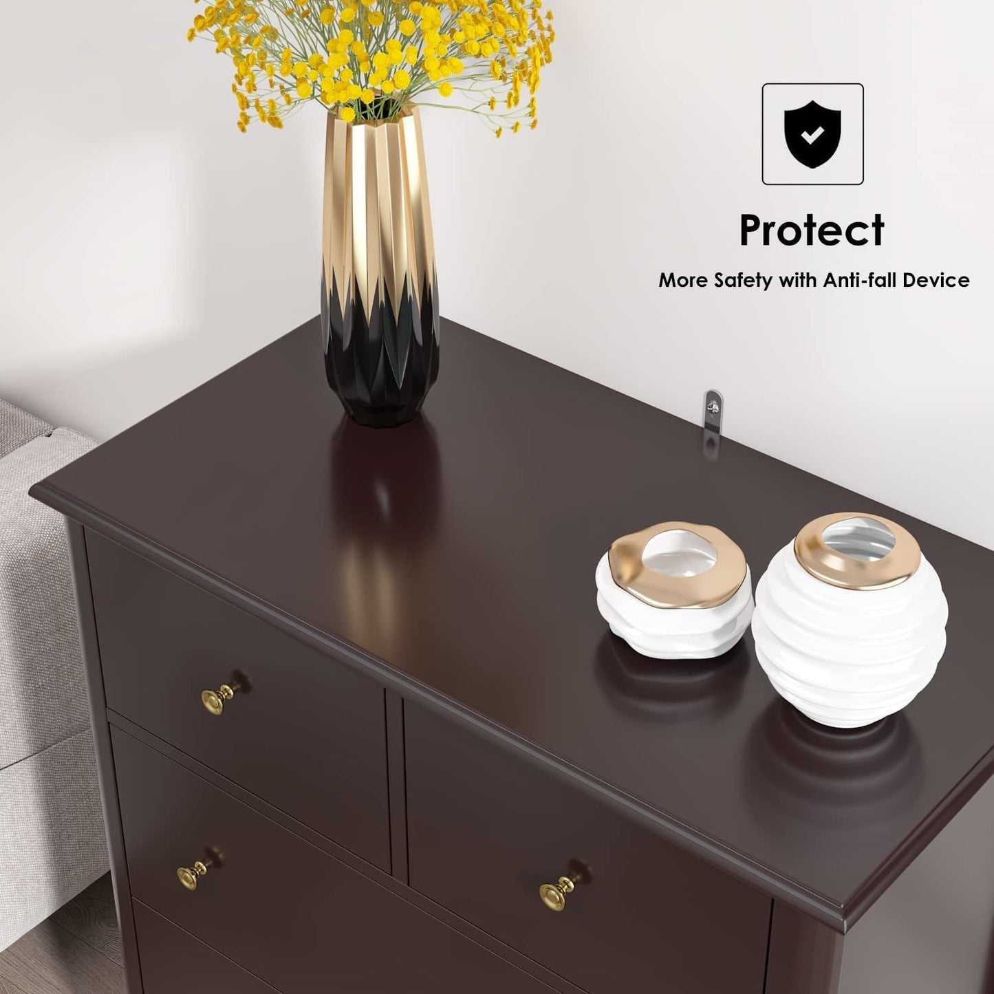 Dark Brown Modern 5 Drawer Chest of Drawers for Bedroom