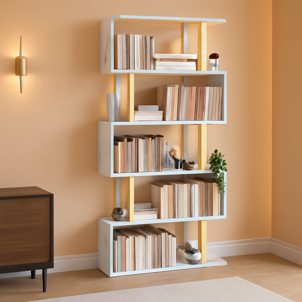 Gold 5 Tier S Shaped Wooden Bookcase For Living Room