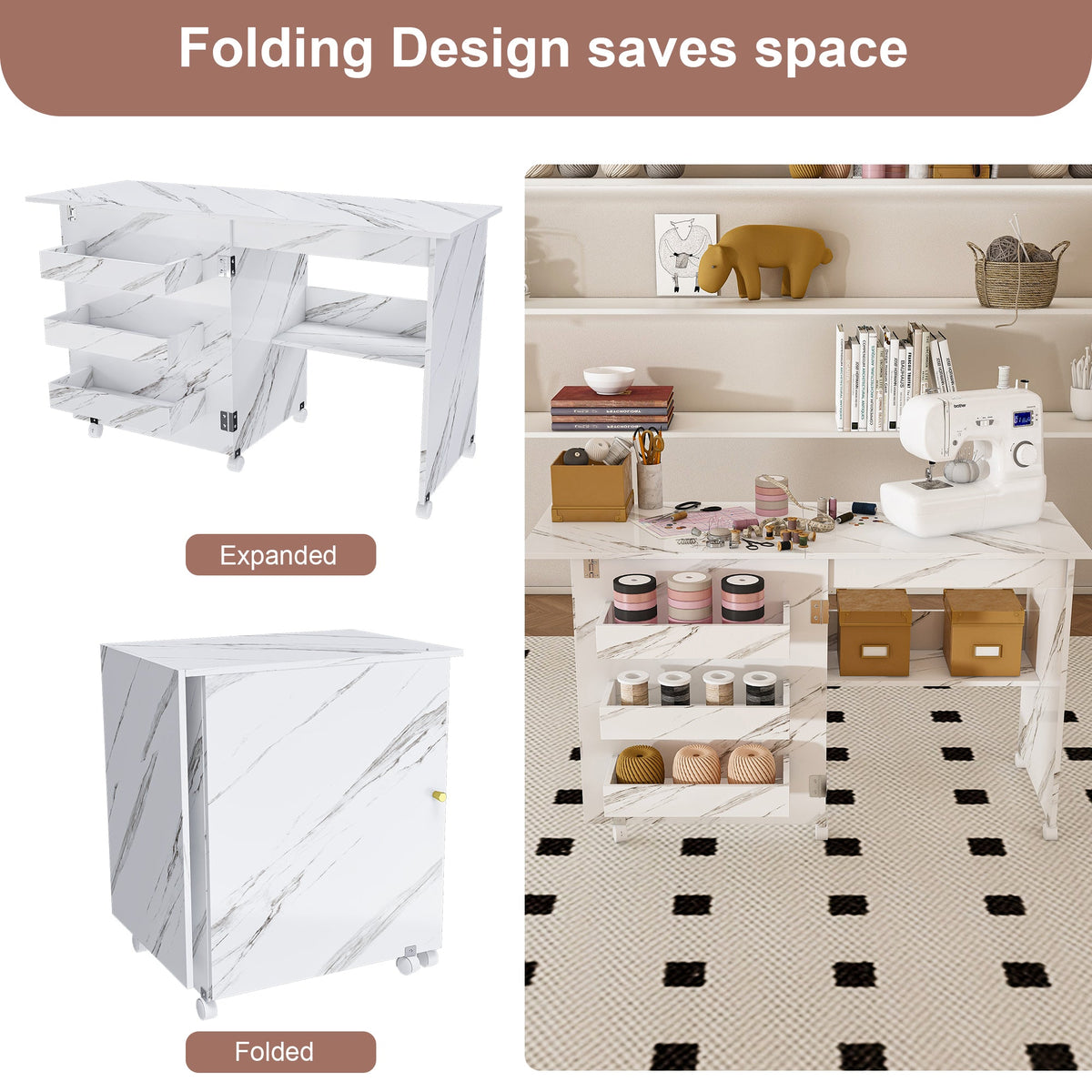 4-in-1 Folding Sewing Table with Lockable Wheels