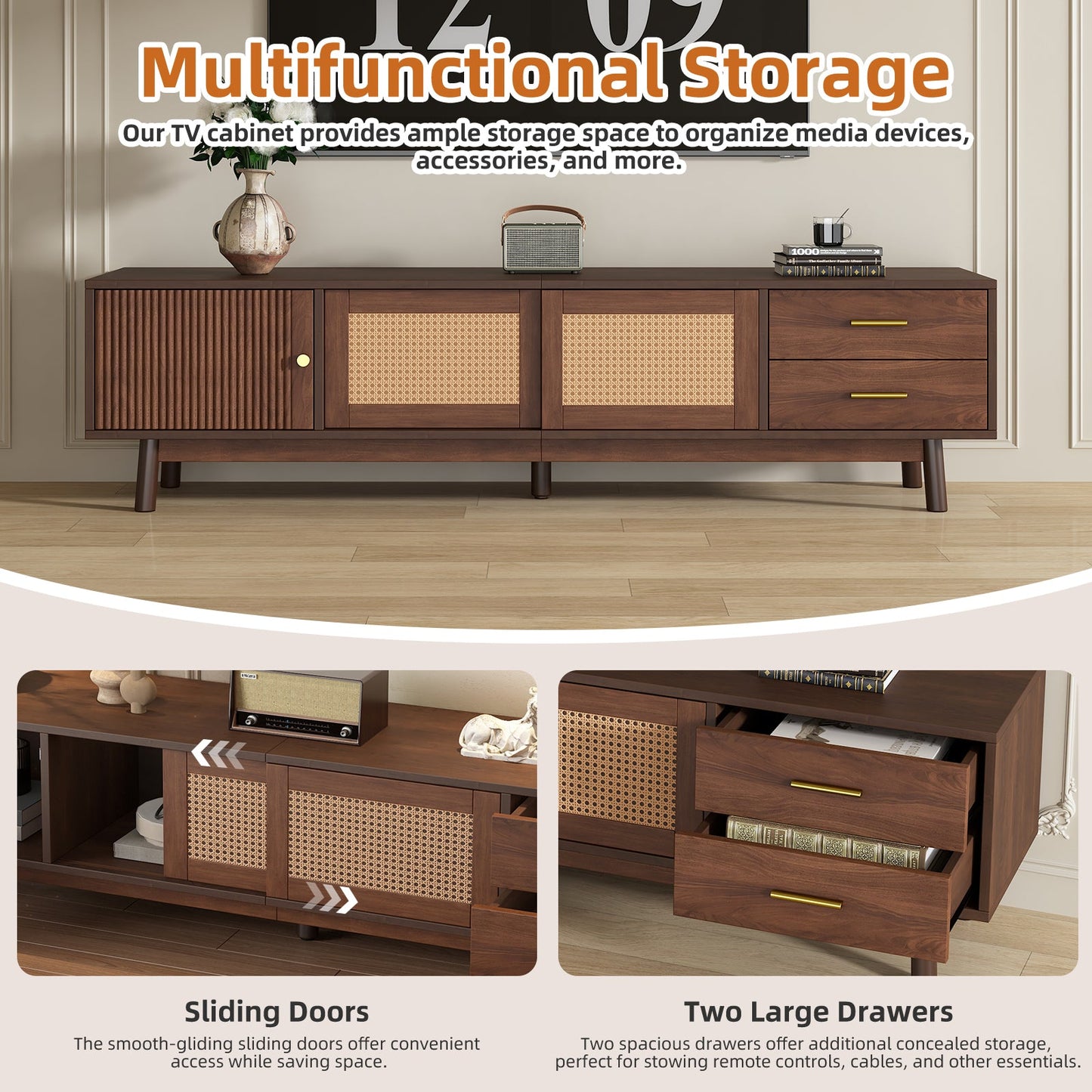 Mid Century Modern TV Stand for 80' TVs, Entertainment Center with Sliding Doors and Drawers, TV Table with Storage for Living Room, Bedroom