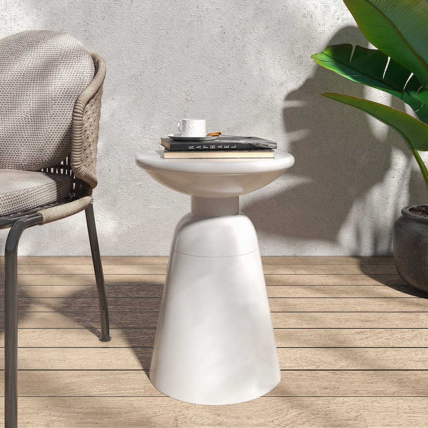 Modern Outdoor Metal End Table with Pedestal Design in White, Iron, 15 x 15 x 20.75 Inches