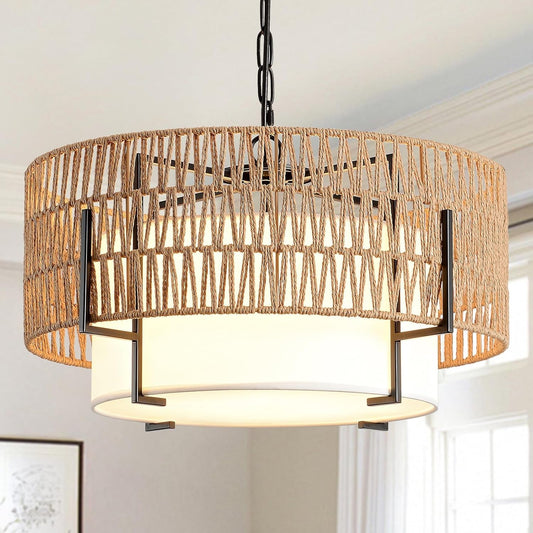 Boho Rattan Chandelier Pendant Light Natural Finish