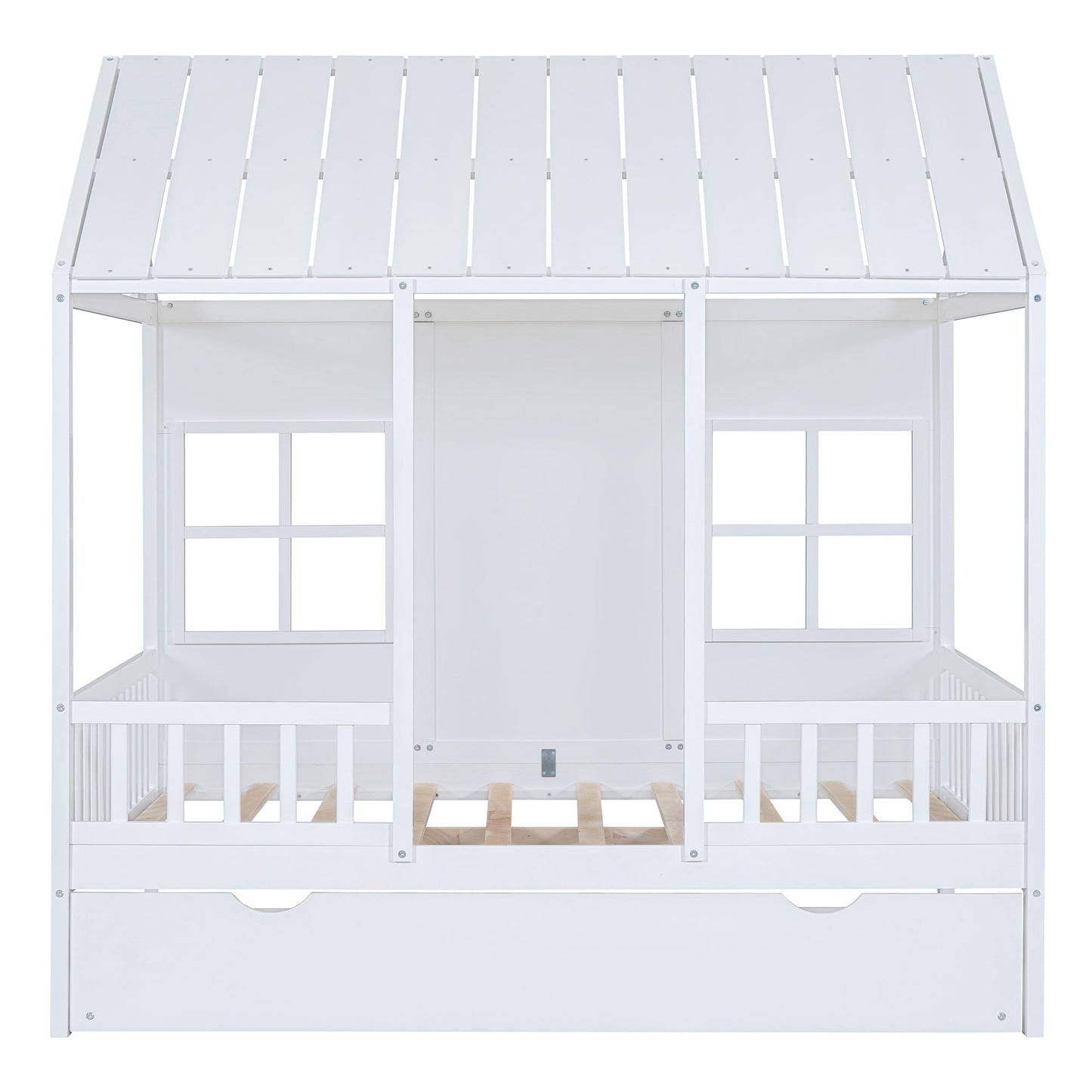 Full Size Wood House Bed With Twin Size Trundle, Wooden Daybed, White