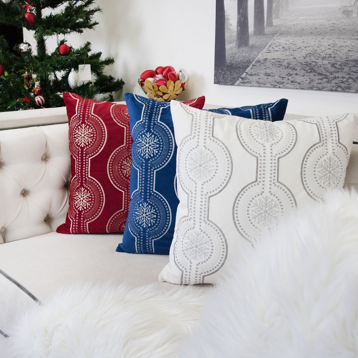 White Holiday Embroidered Velvet Throw Pillow with Insert