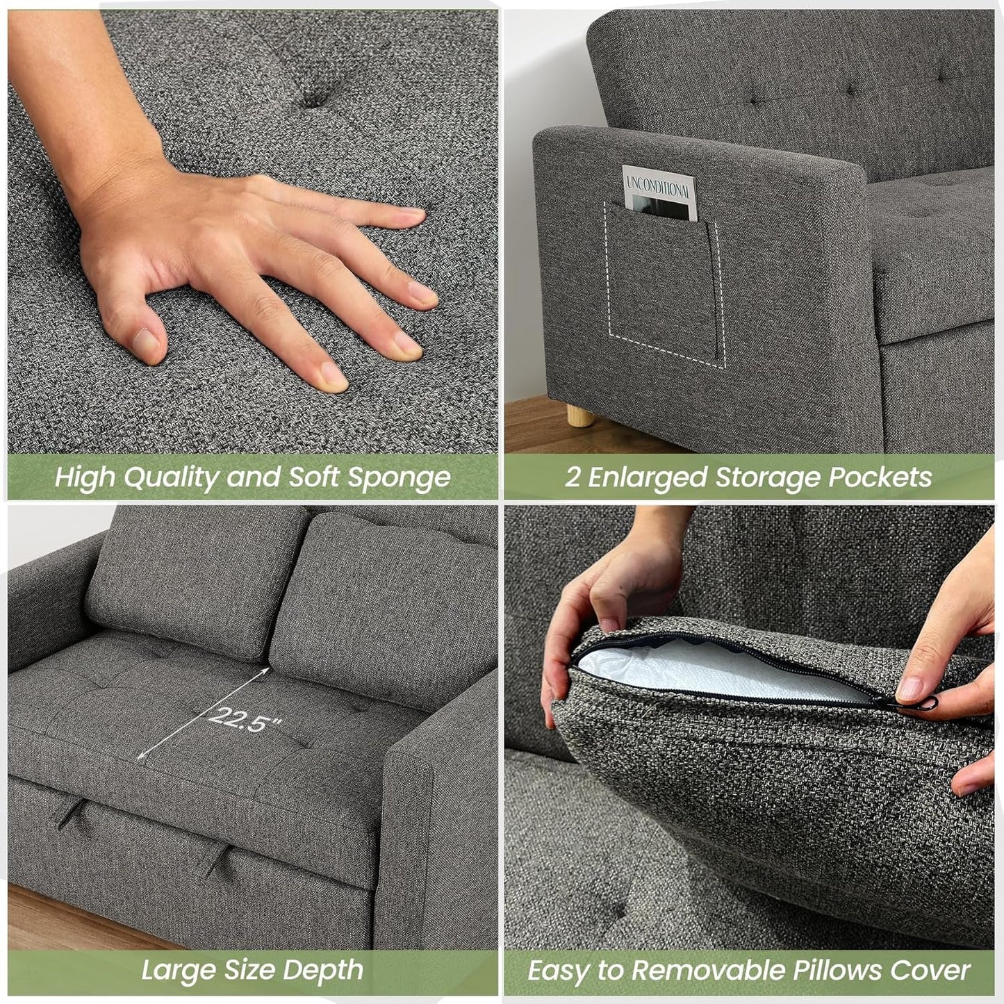 Sleeper Sofa Bed, 3-In-1 Convertible Sofa Chair, Linen Fabric Pull Out Couch Bed, Loveseat Sleeper with Spring Support, Adjustable Backrest, 2 Seater Recliner Chair for Small Space, Dark Grey