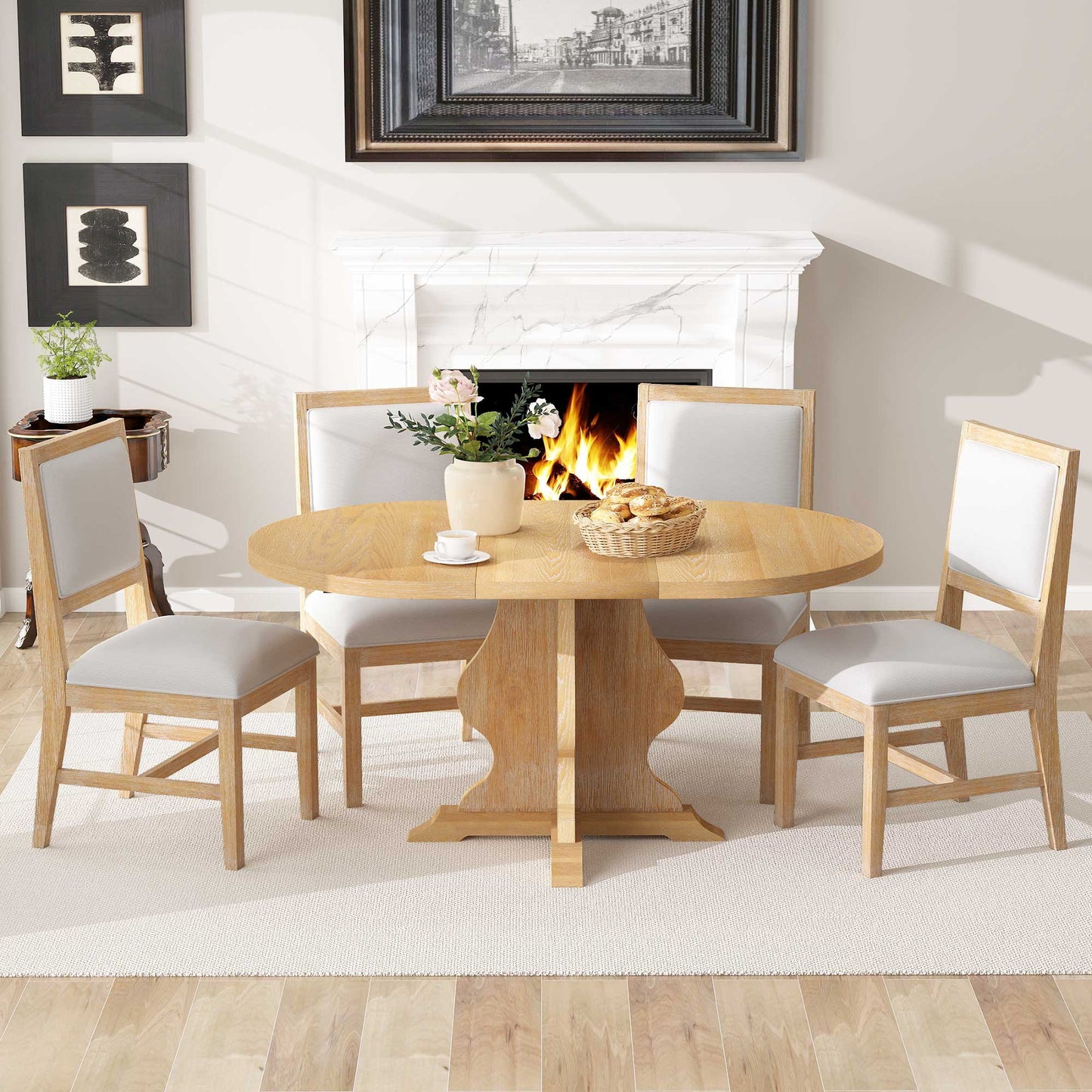 TREXM Farmhouse 5-Piece Dining Table Set with 4 Upholstered Chairs
