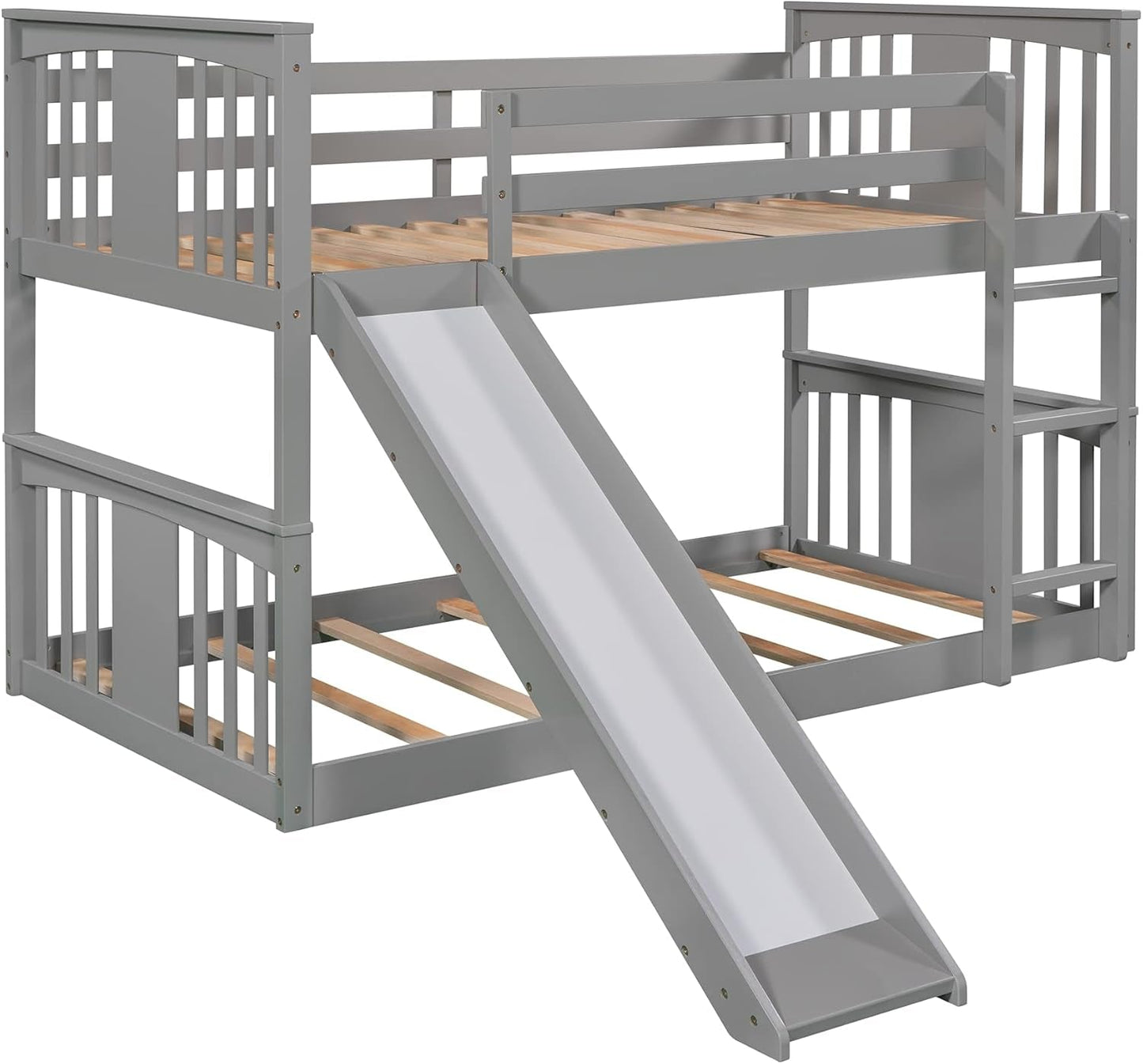 Twin Over Twin Bunk Bed With Slide In Gray For Kids