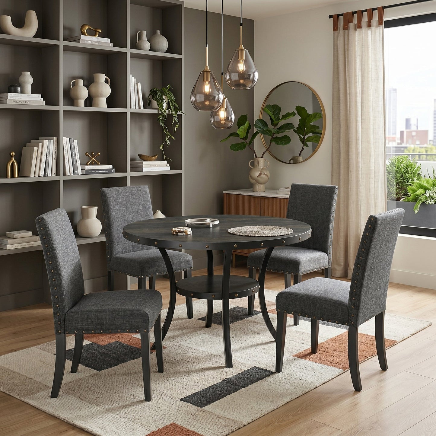 Biony Espresso Wood Dining Set With Gray Fabric Chairs