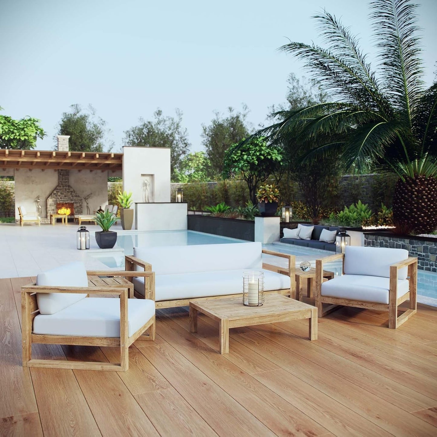 Natural White Teak Wood Outdoor 6-Piece Sectional Sofa Set