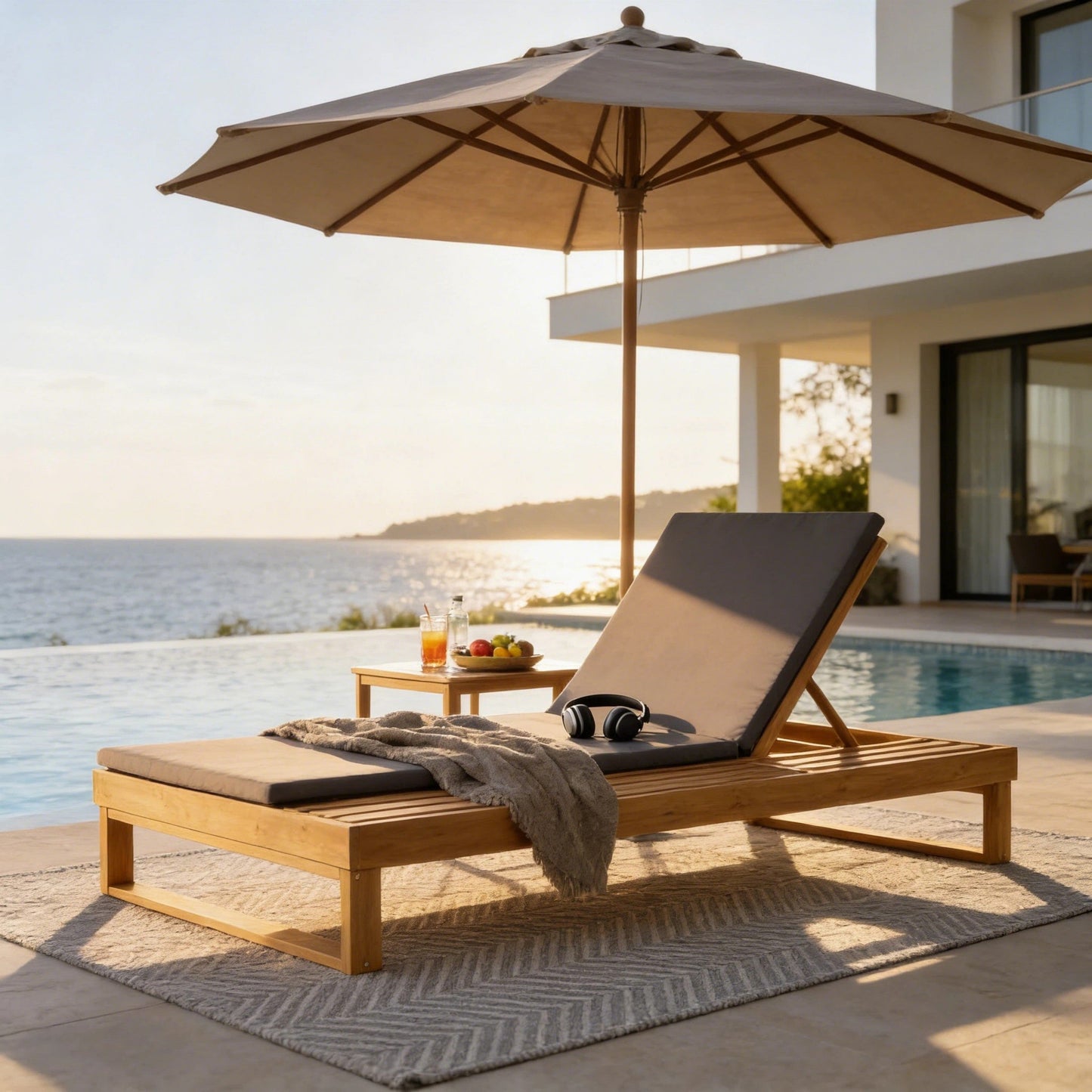 Teak Finish Acacia Wood Chaise Lounge with 1.57-Inch Cushion