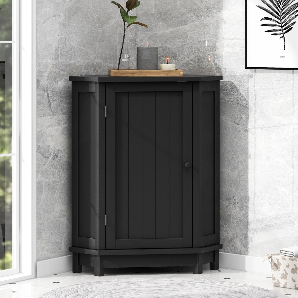 Black Triangle Corner Bathroom Cabinet with Adjustable Shelf