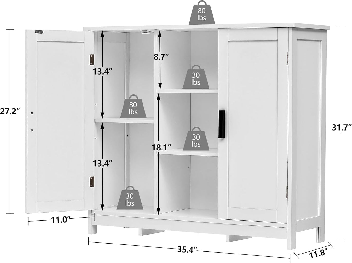 White Storage Cabinet With 2 Doors And 4 Adjustable Shelves