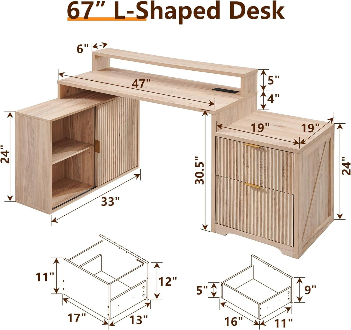 67-Inch L-Shaped Desk With Integrated Power Outlets