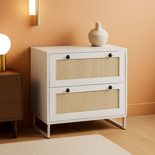 White Rattan 2 Drawer Locking Lateral File Cabinet