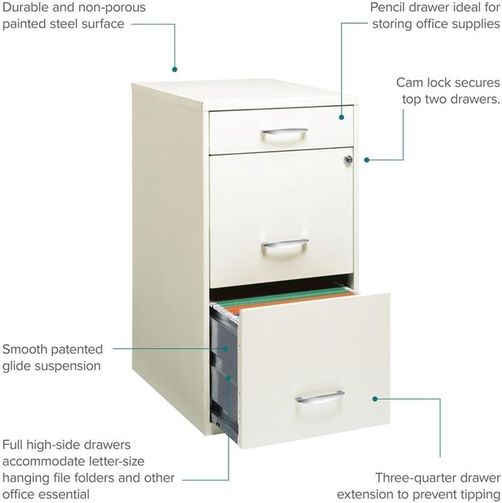 3 Drawer 27.32 Inch White Metal Filing Cabinet Lockable Preassembled For Legal And Letter Size