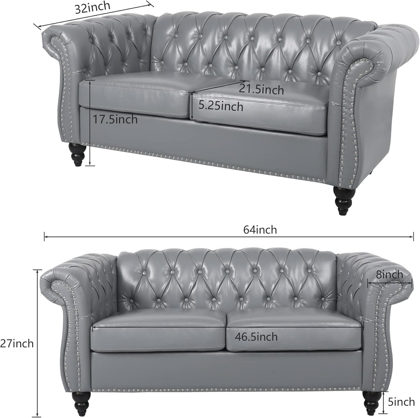 Grey Chesterfield Leather Living Room Set With Scroll Arms