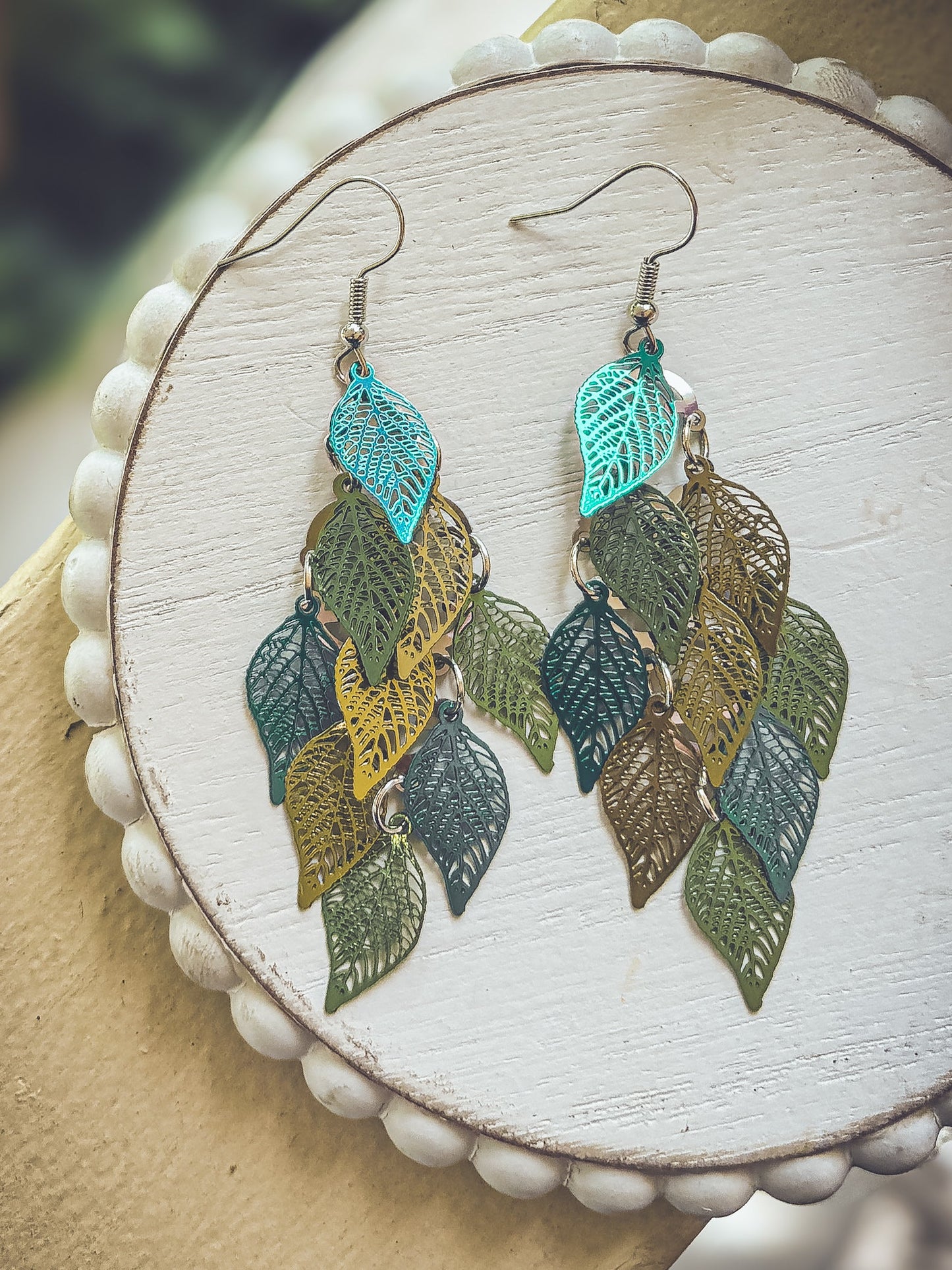 Beautiful Green Leaf Chandelier Earrings