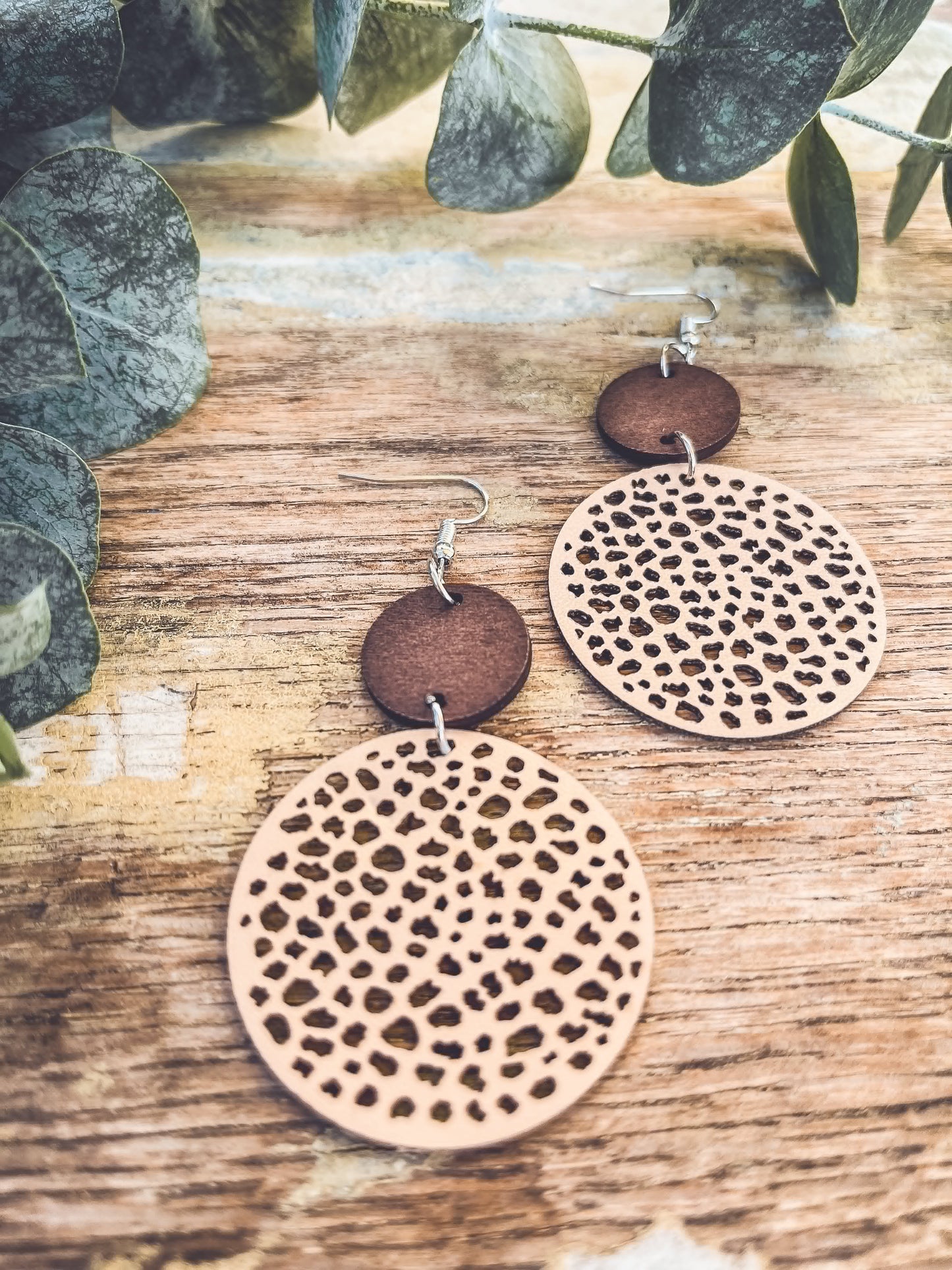 Beautiful Cream Leather and Wood Earrings