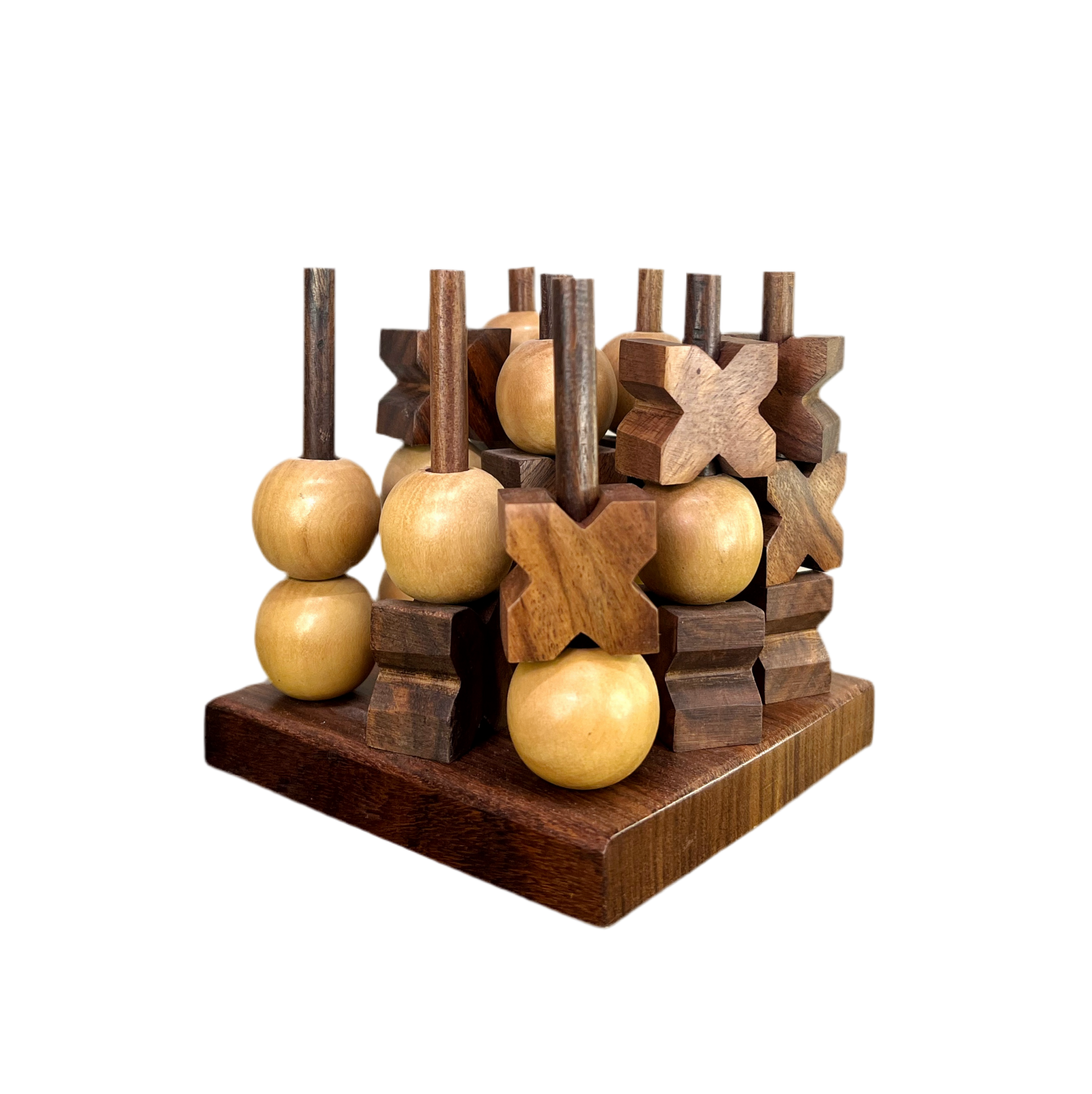 Kanan 3D Tic Tac Toe game with hand-carved wooden pieces in a stackable design, offering endless gameplay options.