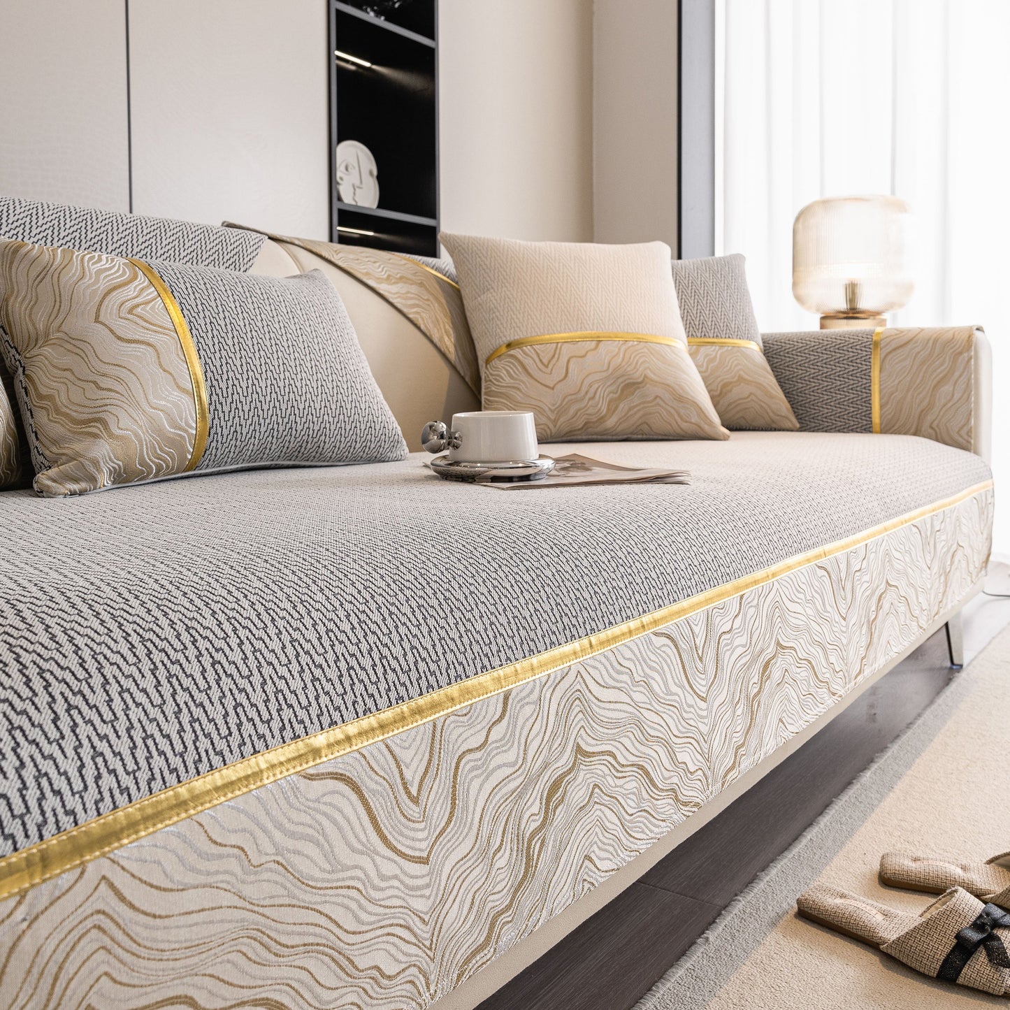 Non-Slip Couch Cover with Gold Trim, Sofa Slipcover for Sectional & Loveseat