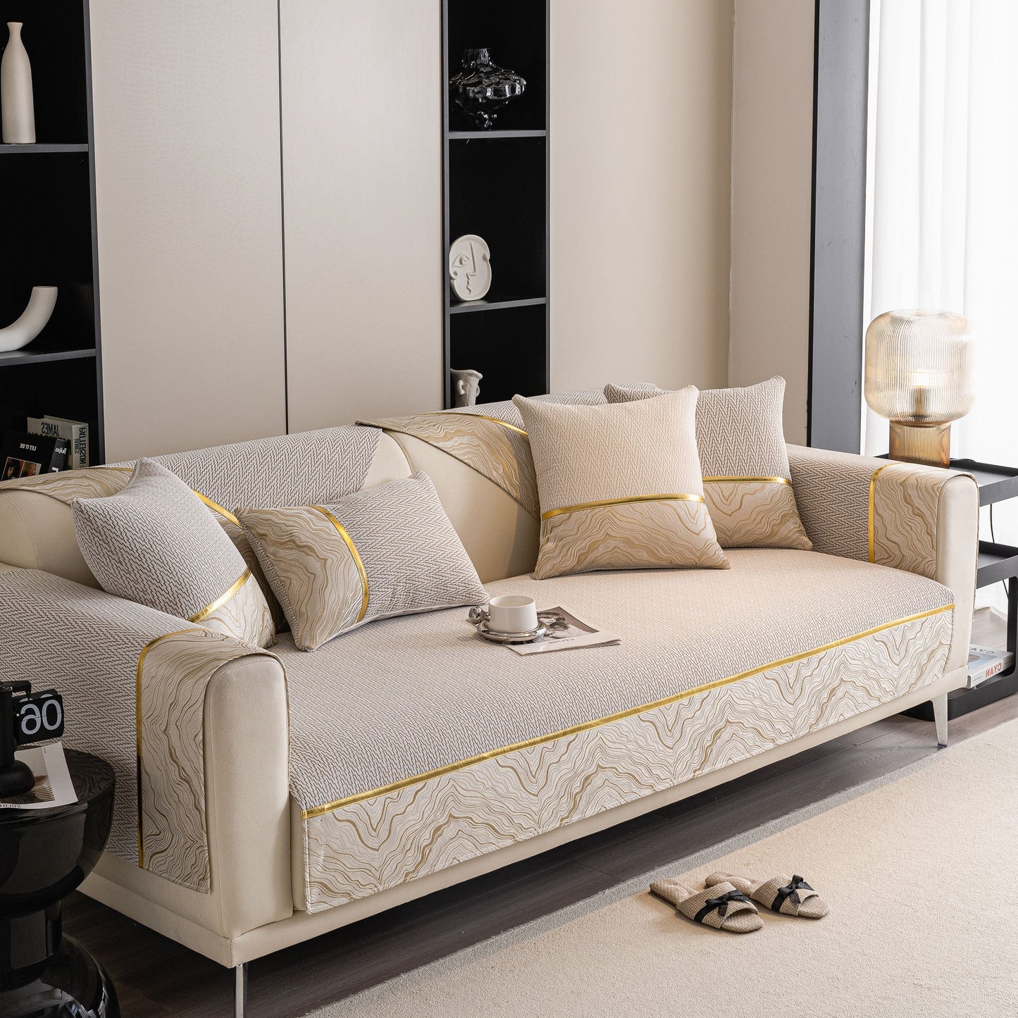 Non-Slip Couch Cover with Gold Trim, Sofa Slipcover for Sectional & Loveseat